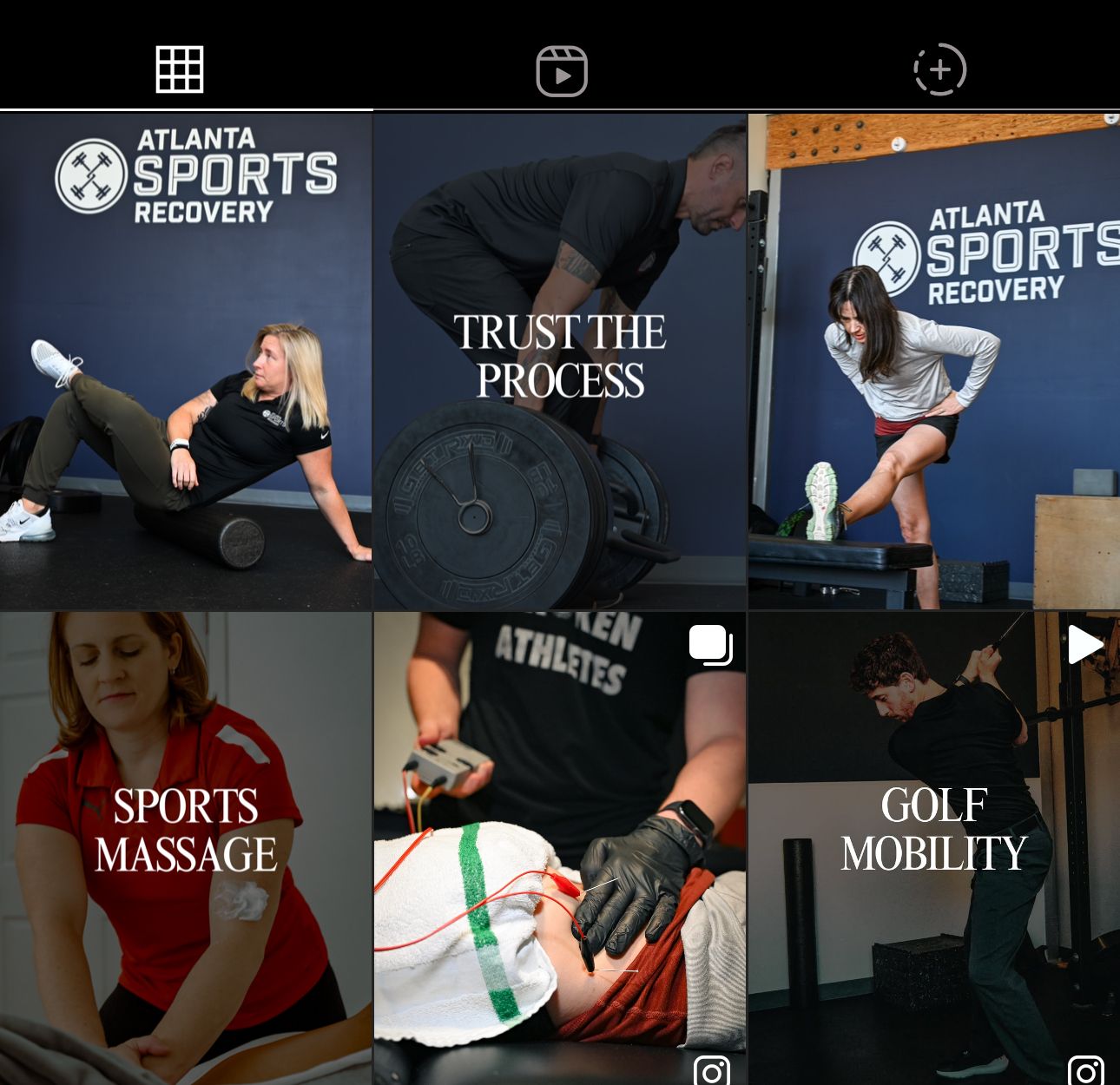 A collage of sports and wellness images showing various athletic activities, training, golf, massage, and mobility exercises.
