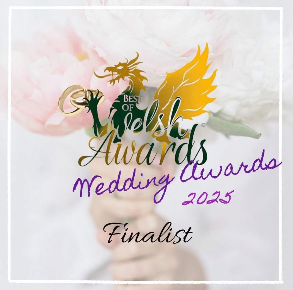 Best of Welsh Wedding Awards 2025 Finalist badge with gold dragon logo on floral background.