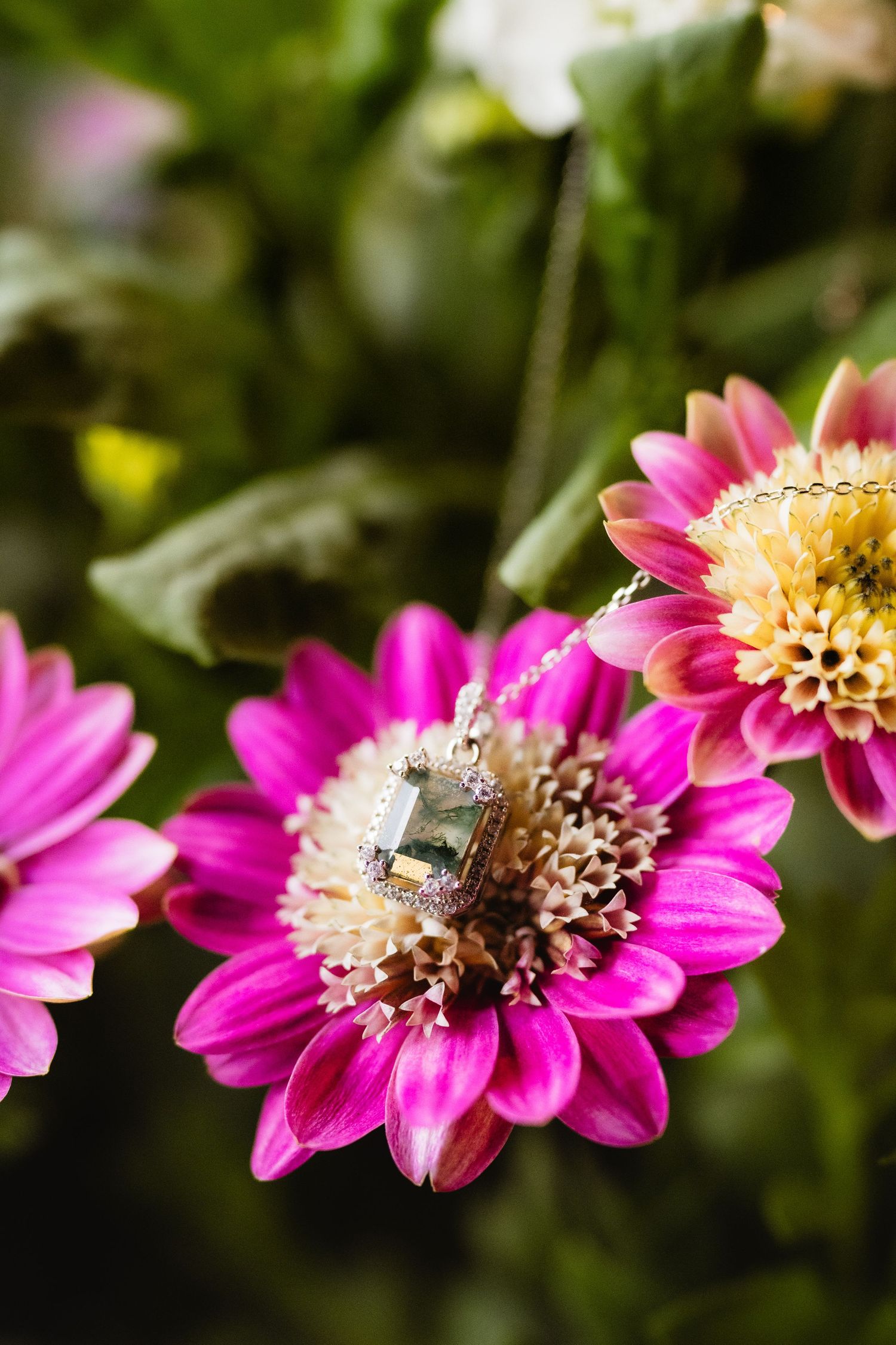A diamond pendant necklace resting on a vibrant pink dahlia flower surrounded by lush green foliage.