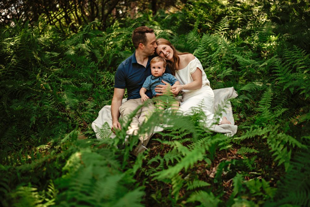 Intimate outdoor family portrait session surrounded by vibrant green ferns and natural woodland scenery.