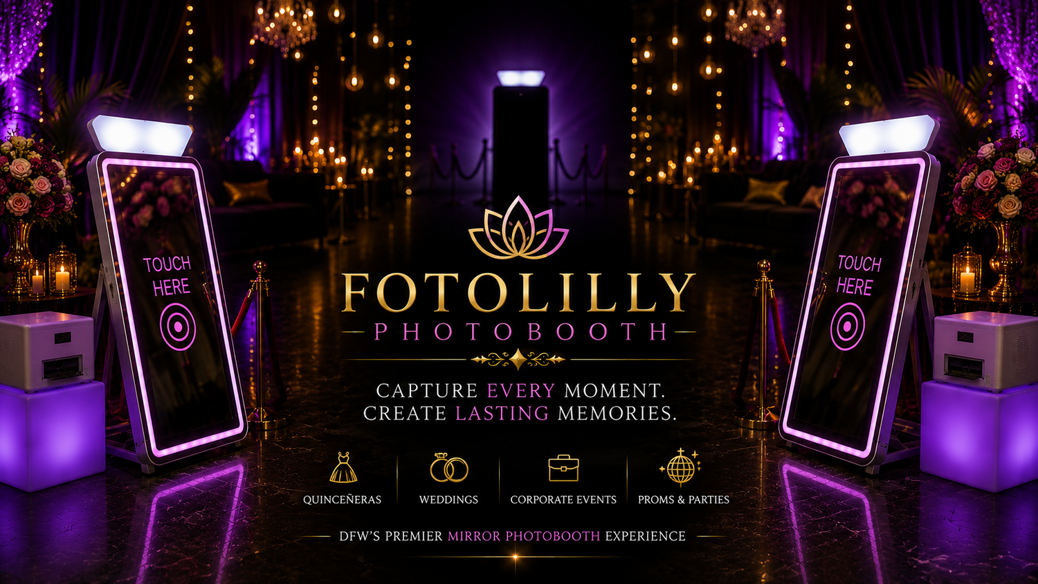 Fort Worth quinceañera photo booth rental with trained attendants, Mirror Photobooth, instant prints and professional DFW event services.