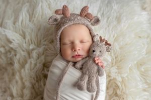 Sleeping newborn baby in white swaddle wearing knit reindeer bonnet, holding matching stuffed animal on fluffy white blanket.