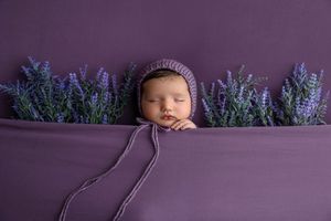 Sleeping newborn baby in purple bonnet nestled among lavender flowers on a purple backdrop.