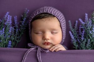 Sleeping newborn baby wearing a purple knit bonnet surrounded by lavender flowers on a purple backdrop.