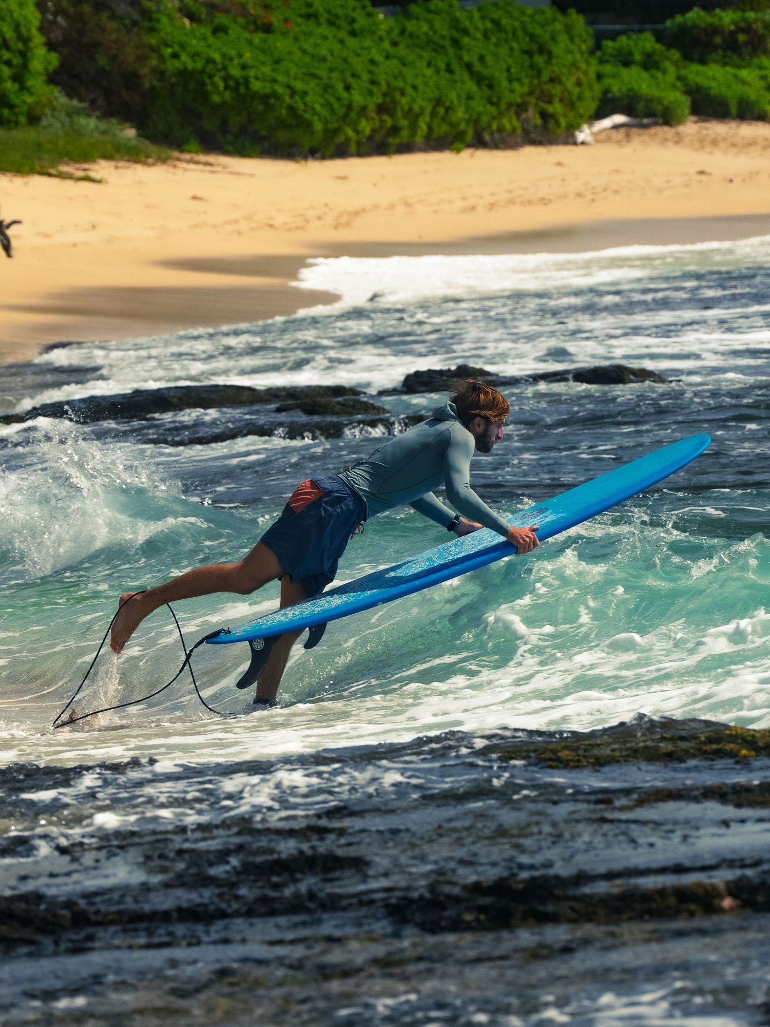 A surfer in a gray rash guard pushes a blue longboard out through shallow water over a rocky reef at Waikiki, sandy beach behind.