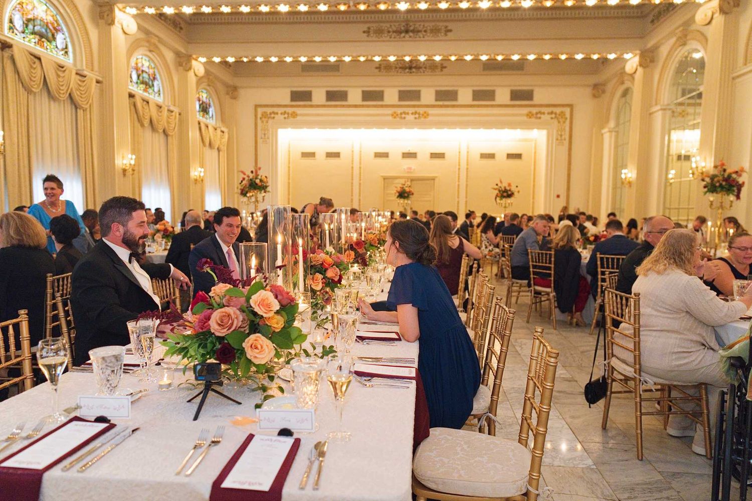 Elegant wedding reception in a grand ballroom at The Westin Great Southern Columbus Wedding Venue