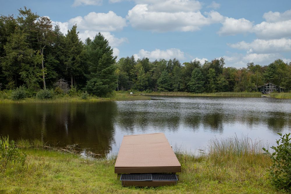 A wooden dock sits beside a calm private pond surrounded by lush green forest trees under a partly cloudy sky.