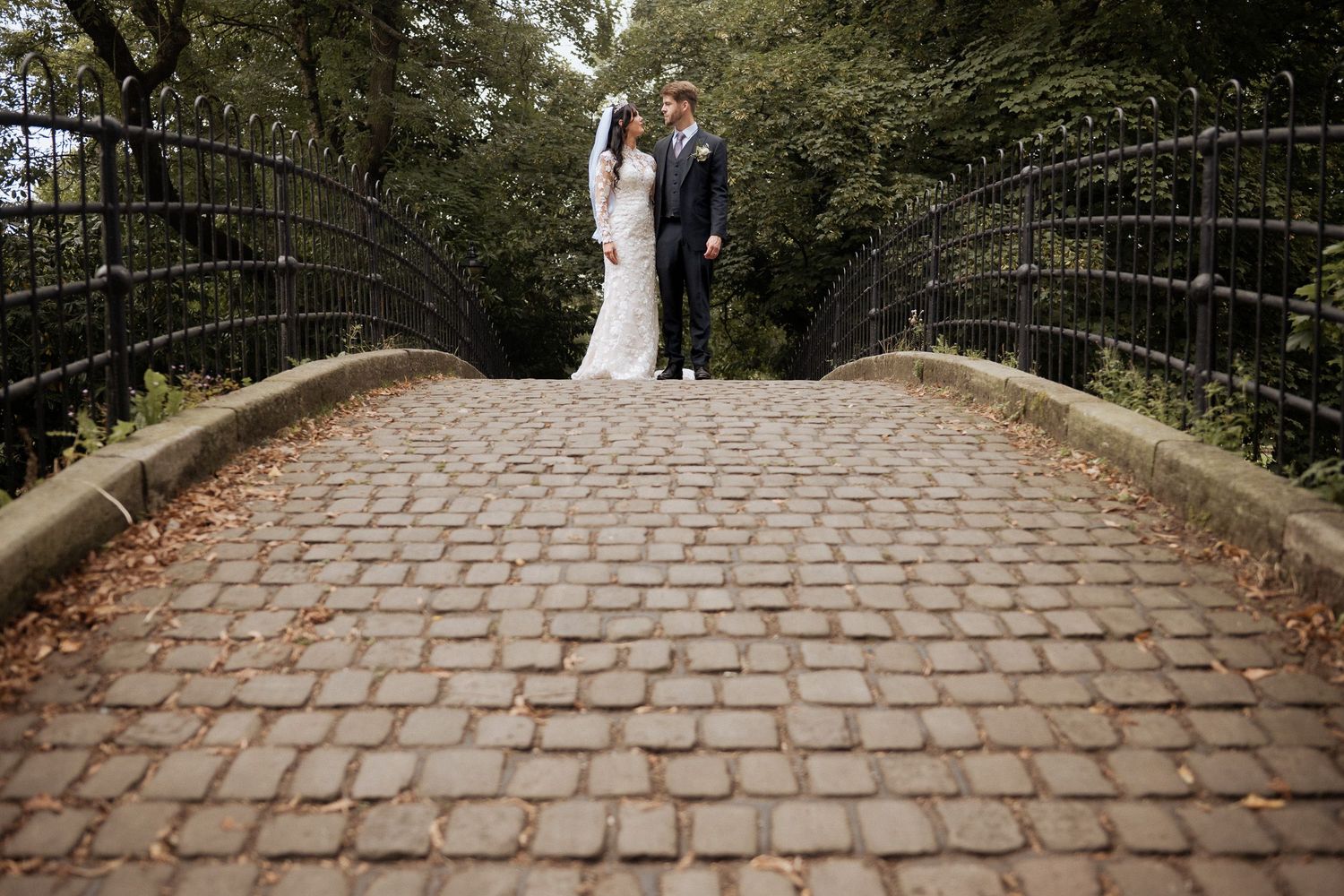 Jessica and Nick bridge portrait near Worsley Court House