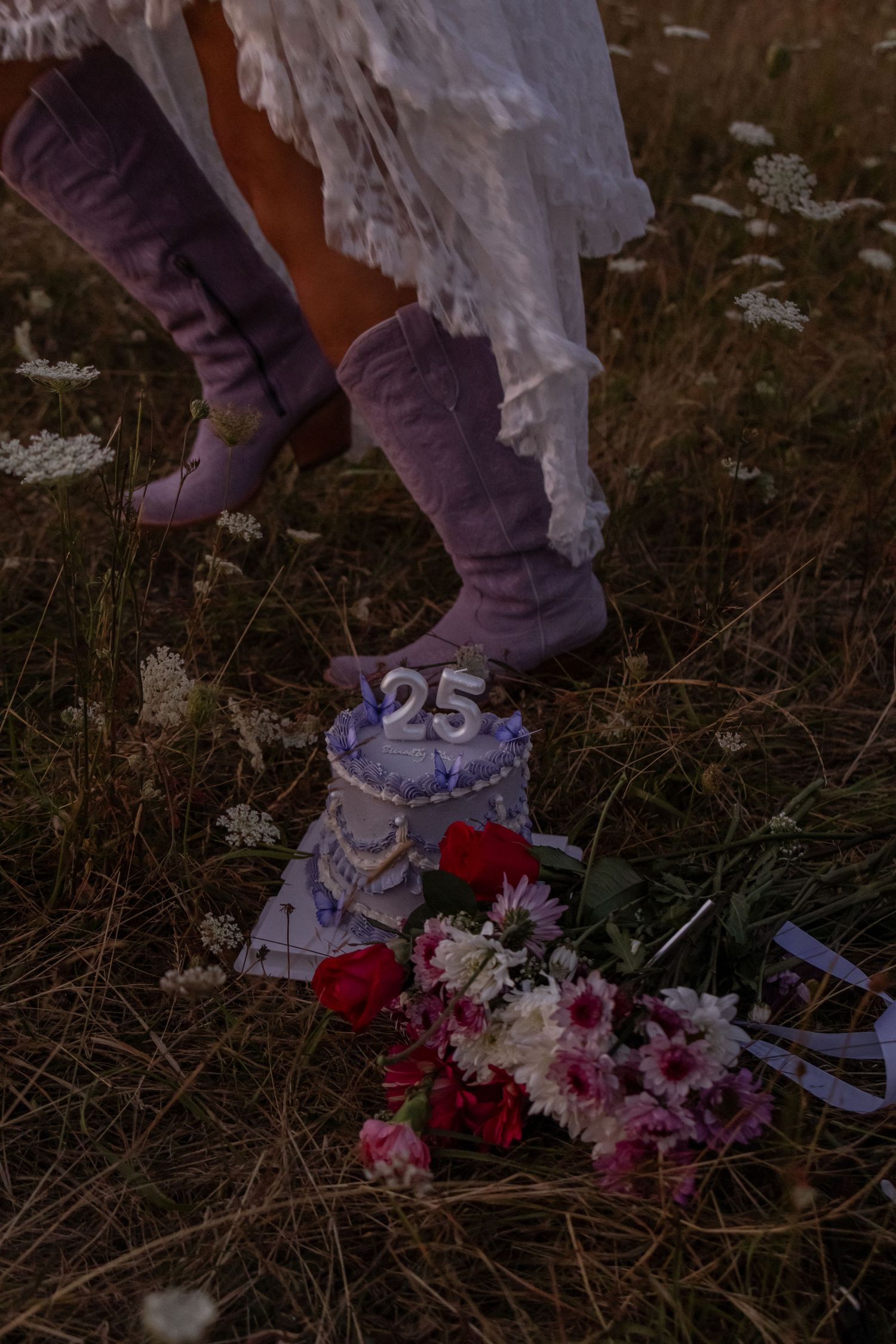A 25th birthday cake with candles sits on grass beside red and pink flowers, with a person in purple boots and lace dress nearby.