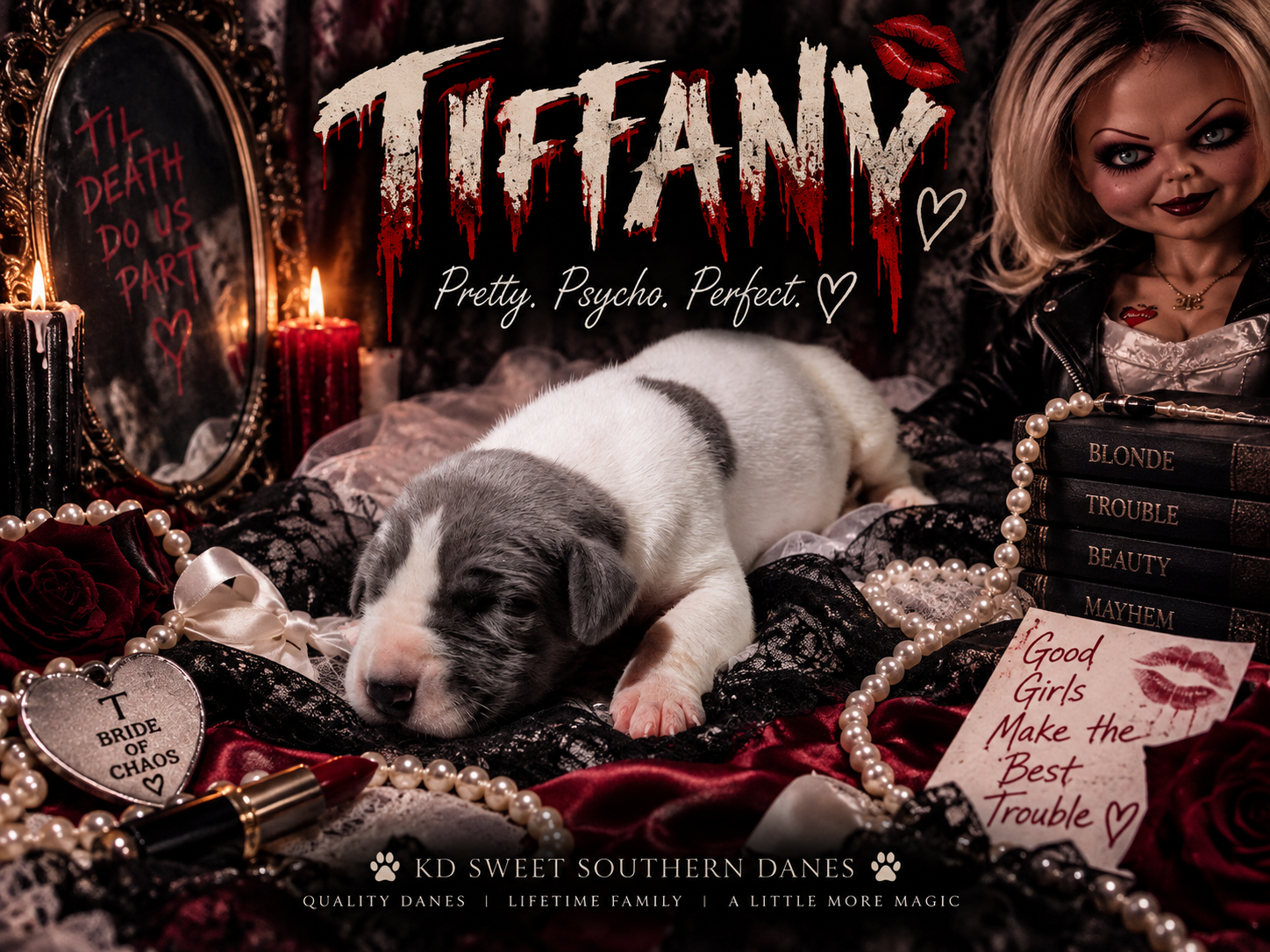 A newborn Great Dane puppy sleeps in a gothic Tiffany-themed photo with candles, pearls, and Chucky doll props.