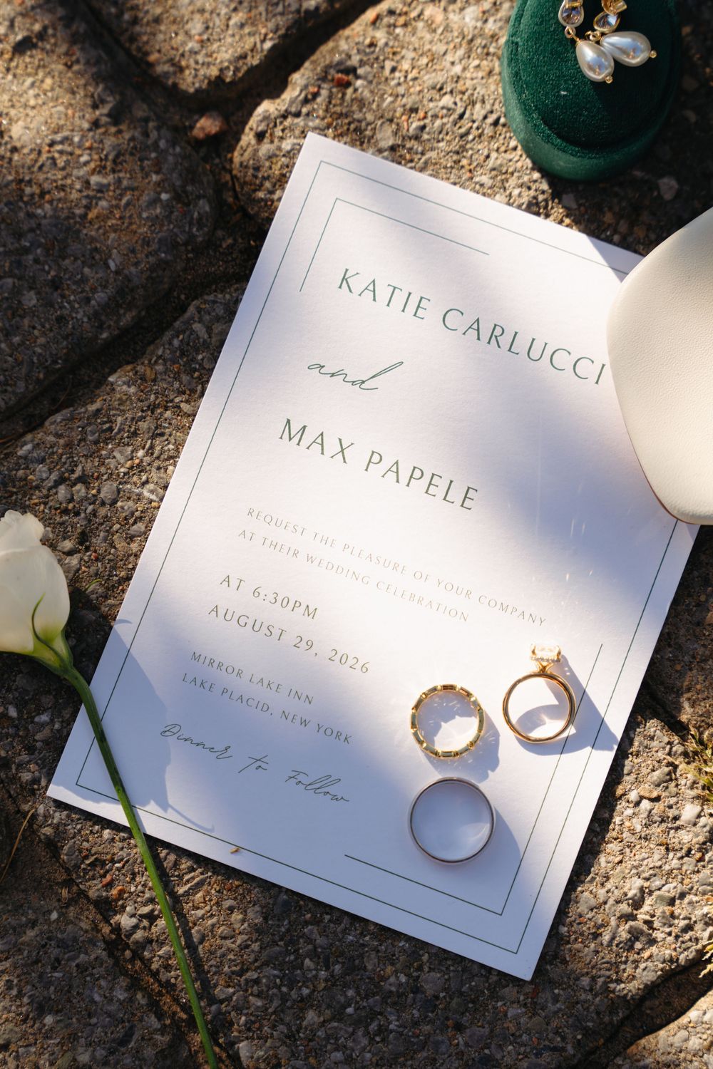Wedding invitation for Katie Carlucci and Max Papele at Mirror Lake Inn, August 29, 2024.