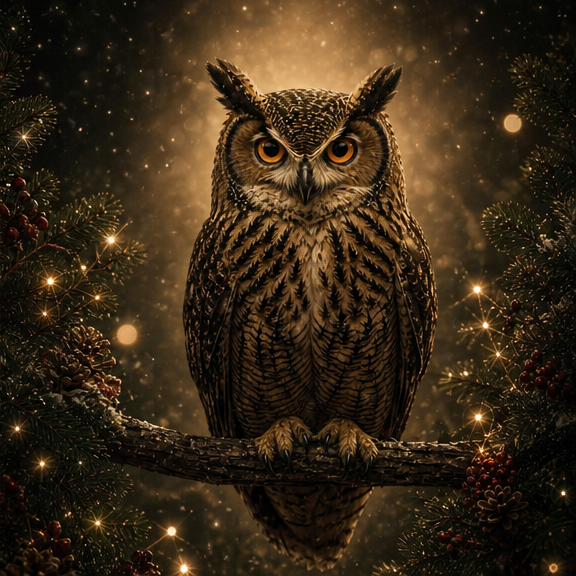 A majestic great horned owl perched on a branch surrounded by pine trees and glowing golden bokeh lights at night.