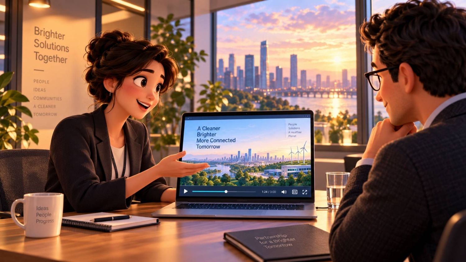 Diverse team watches motivational Stronger Together video presentation in modern office meeting room.