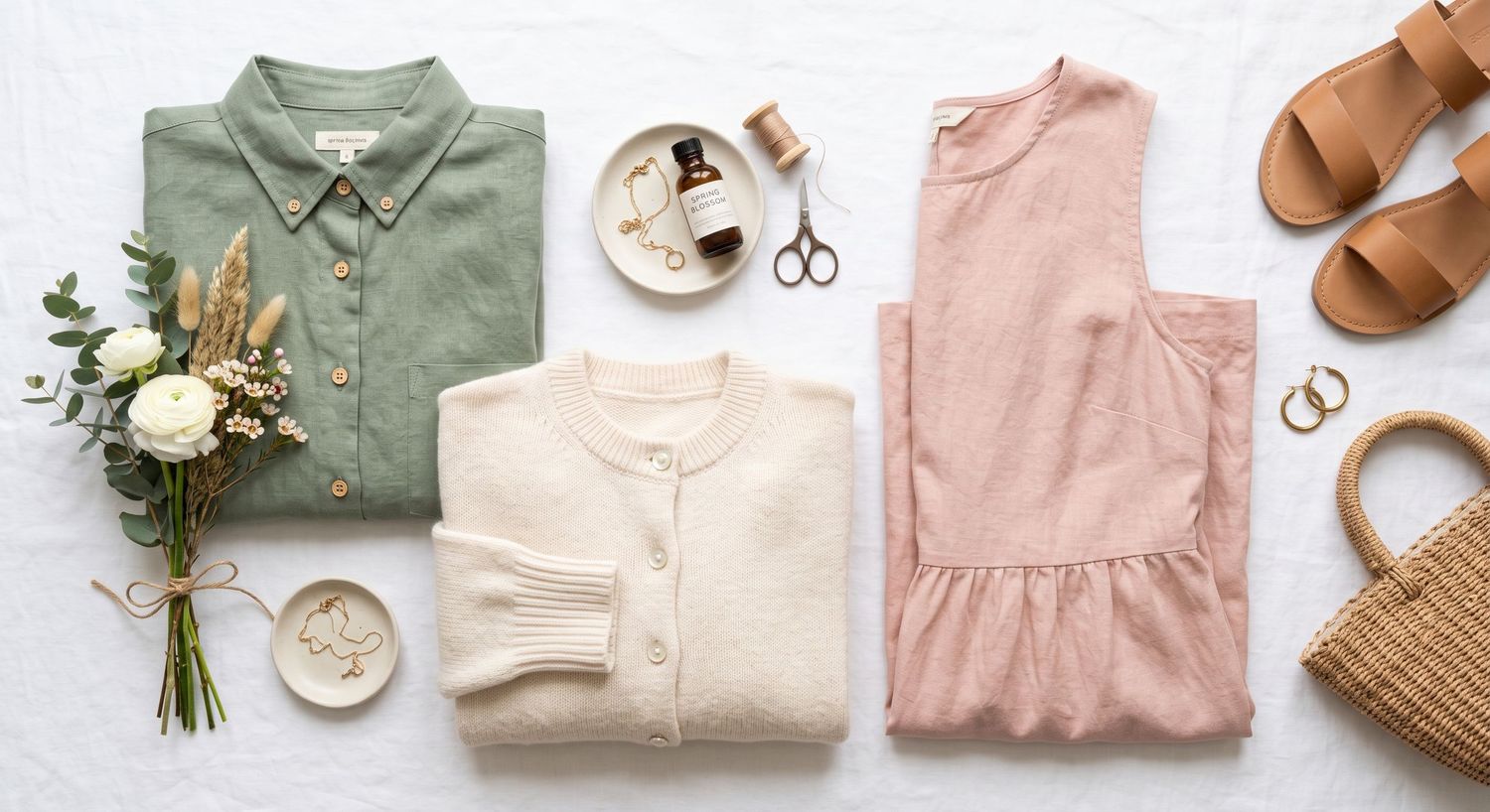 Flat lay of folded green shirt, cream cardigan, pink dress, sandals, wicker bag, floral bouquet, and accessories on white background.