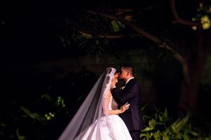 Bride and groom sharing a romantic kiss under trees at night, bride wearing a long cathedral veil.
