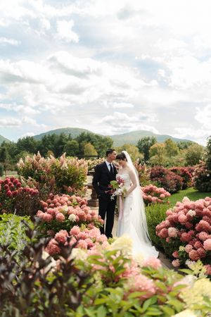 Bride and groom stand among blooming pink hydrangeas with mountain views and cloudy sky backdrop.