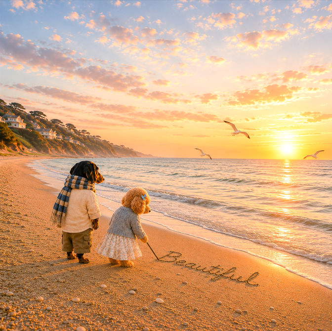Two children writing 'Beautiful' in the sand on a golden sunset beach with seagulls flying overhead.