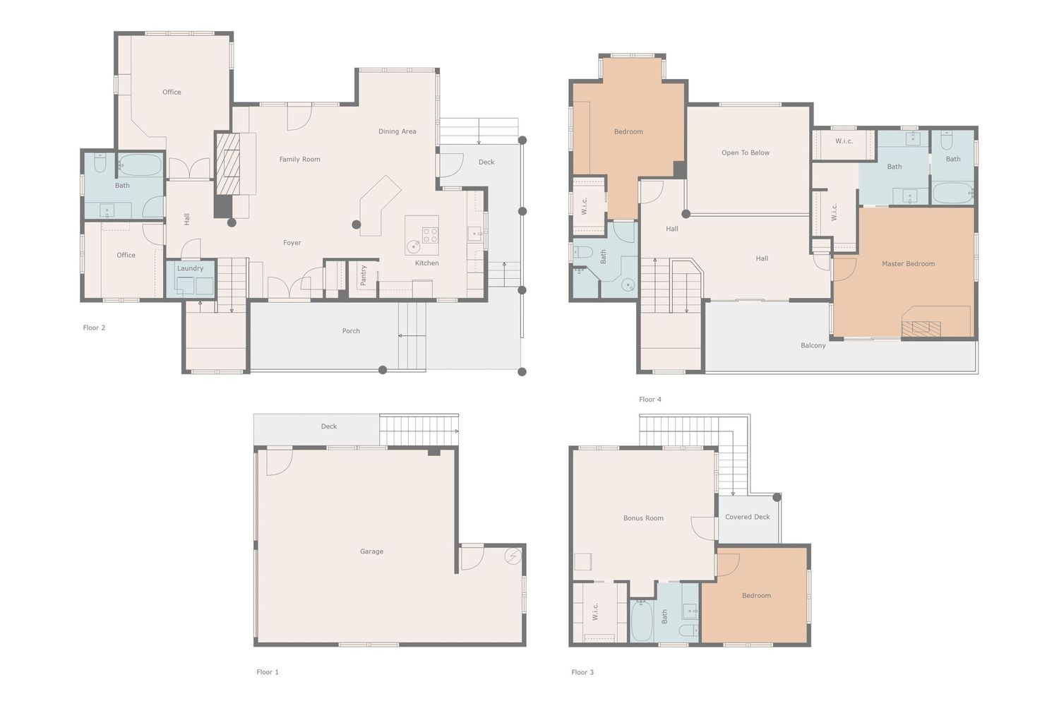 Three-level floor plan showing detailed layout of a modern residential home design.