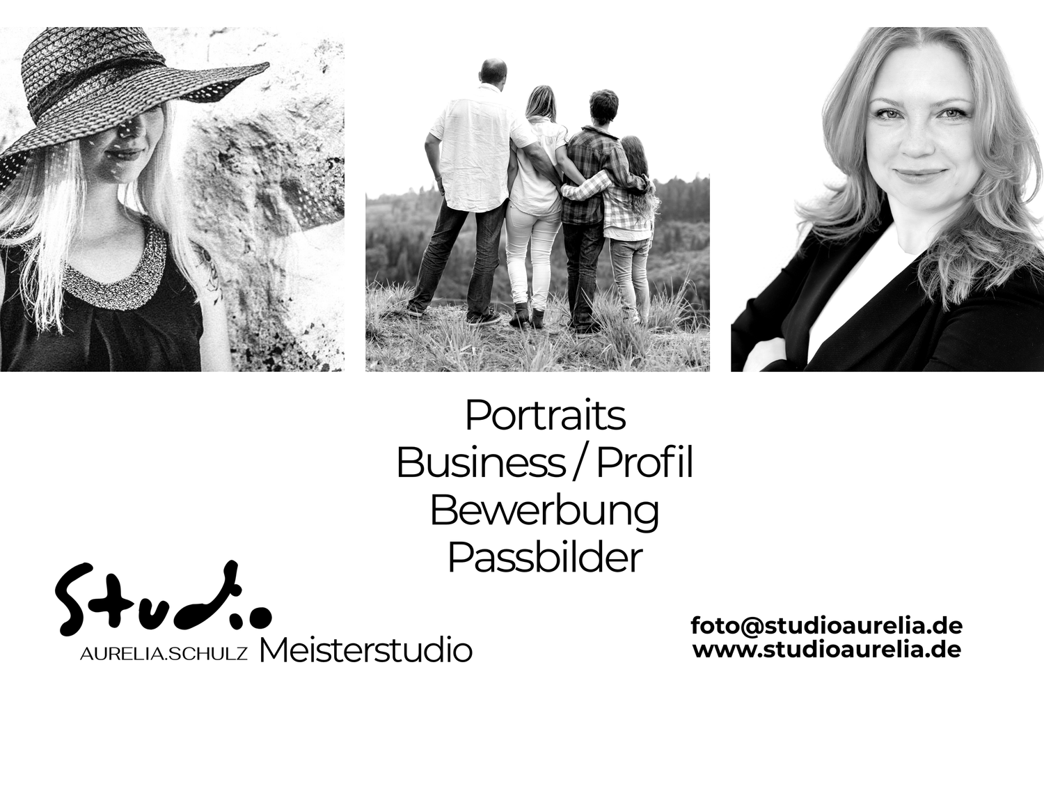 Black and white portrait photography studio ad featuring three elegant photos of individuals by Studio Aurelia Schulz.