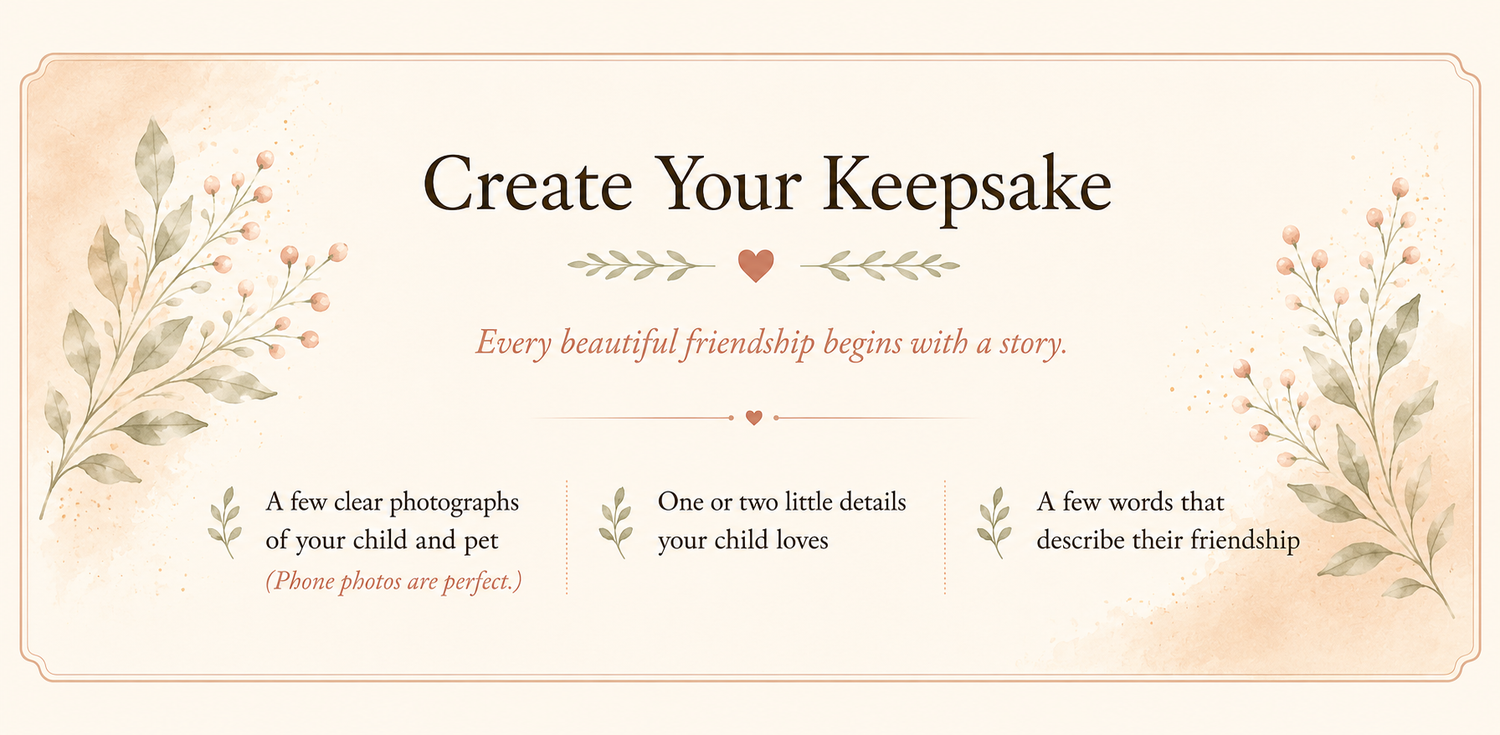 Vintage-styled keepsake creation guide card with elegant typography listing requirements for a personalized child and pet friendship book.