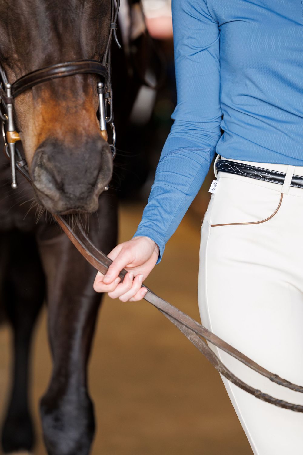 Person in blue shirt and white breeches holding leather reins near a bay horse's nose in an indoor arena.