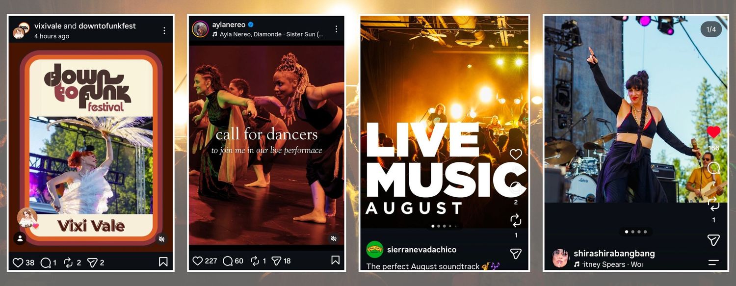 Four Instagram posts featuring live music events, including Down to Funk Festival with performer Vixi Vale on an outdoor stage.
