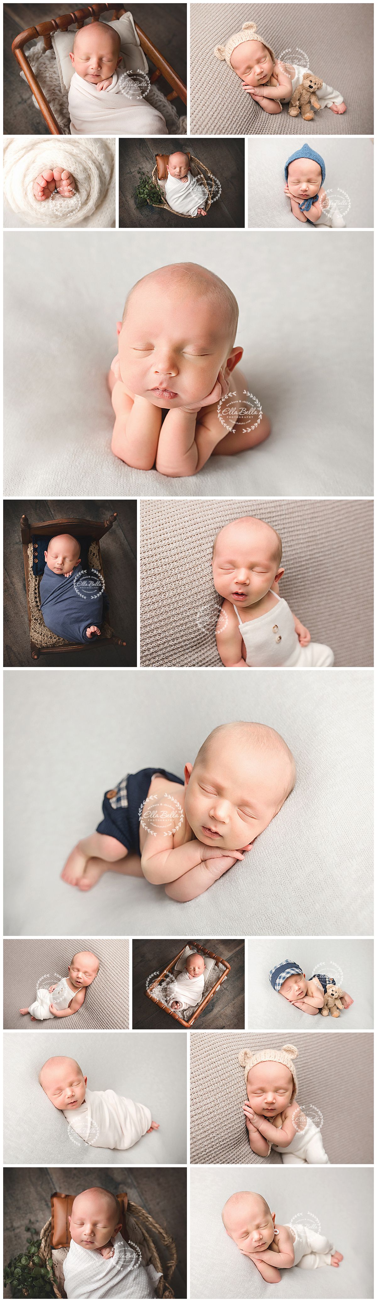Newborn baby boy posed in multiple professional photography setups with soft neutral tones, props, and cozy wraps.