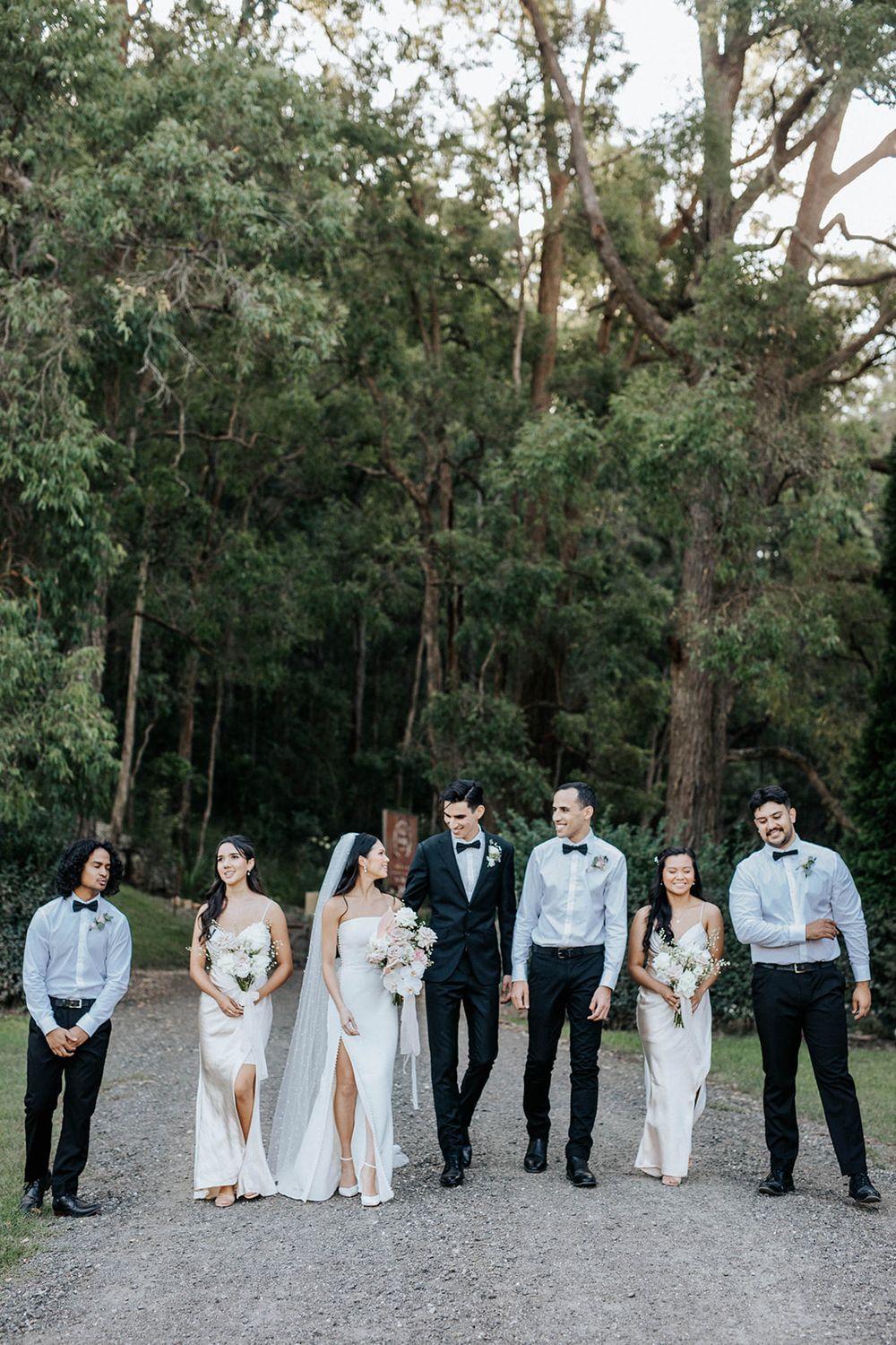 Wedding party of six posing on gravel path surrounded by lush green trees, bride and groom centered.