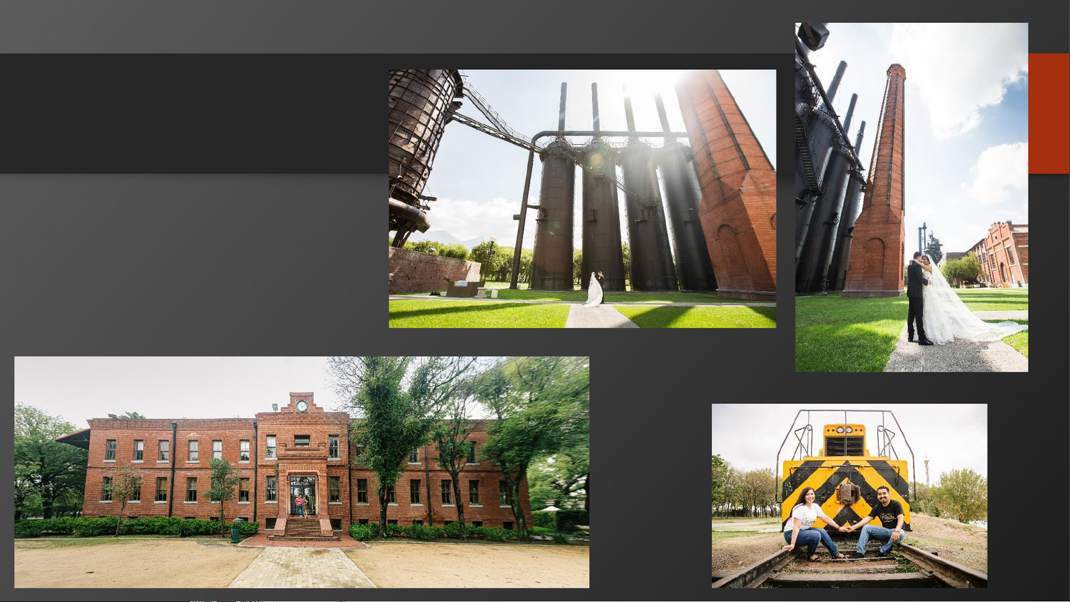 Historic brick building, industrial sculptures, wedding couple, and a yellow train on tracks in a collage of landmark photos.