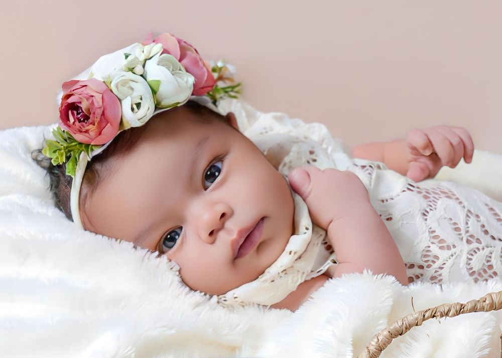 Adorable baby girl wearing a floral crown of pink and white roses, lying on a white lace blanket.