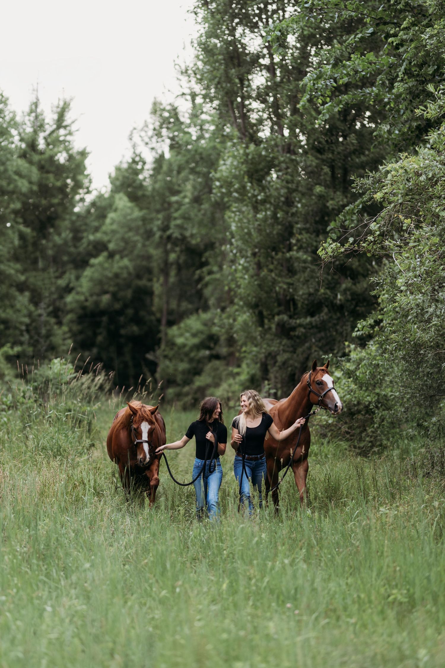 Two women walk chestnut horses through a lush green meadow with trees in the background.