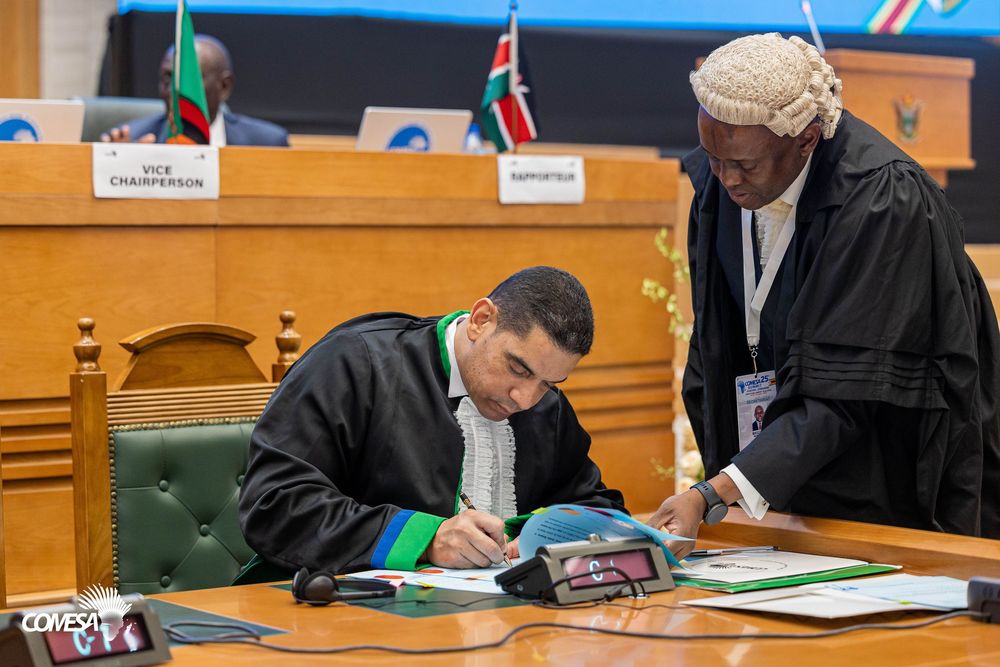 Two officials in black judicial robes sign documents at a conference table with a vice chairperson sign and national flags behind them.