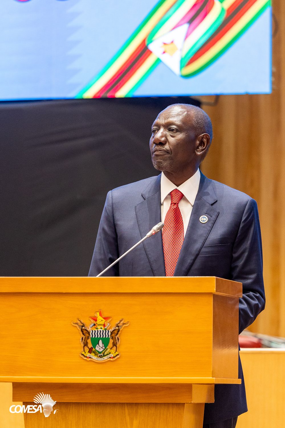 Man in a navy suit and red tie stands at a wooden podium with a coat of arms at a COMESA event, with a flag display behind him.