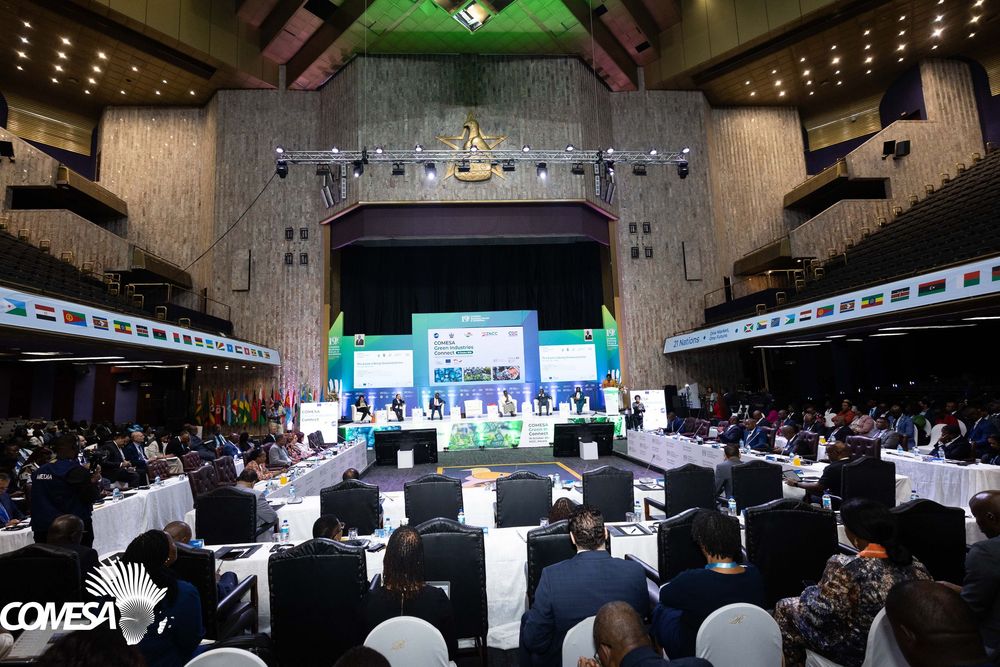 Delegates seated at tables in a large conference hall with wooden paneling during a COMESA summit, facing a stage with presentation screens.