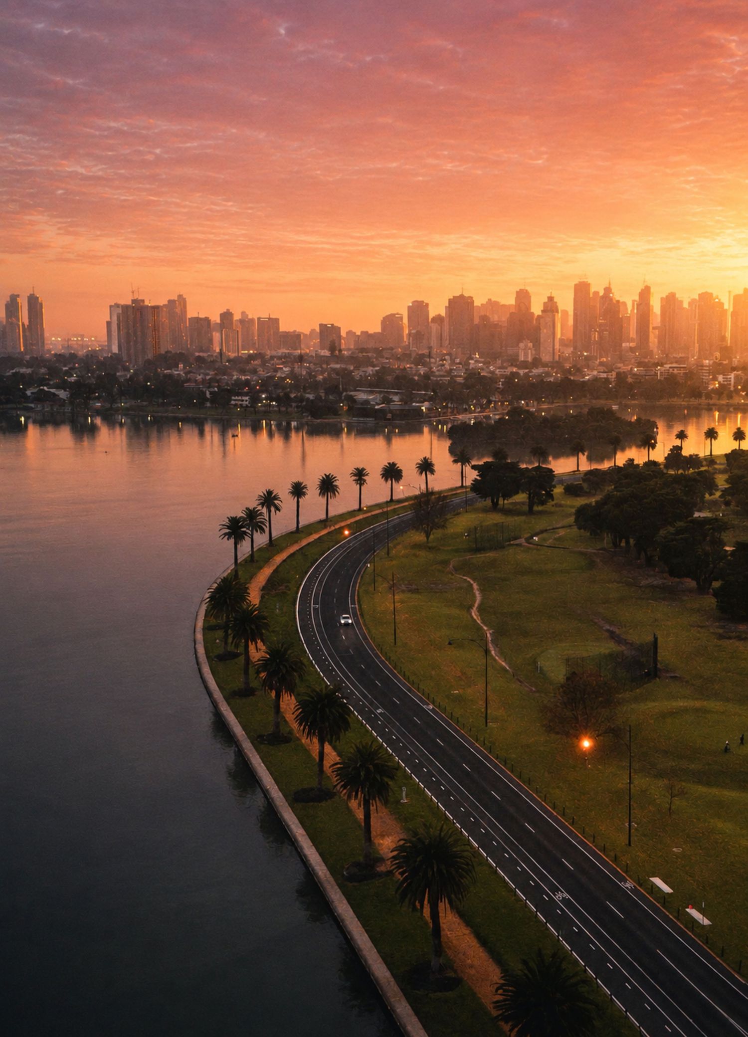 Aerial view of a palm-lined coastal road at sunset with a glowing orange sky and city skyline in the background.