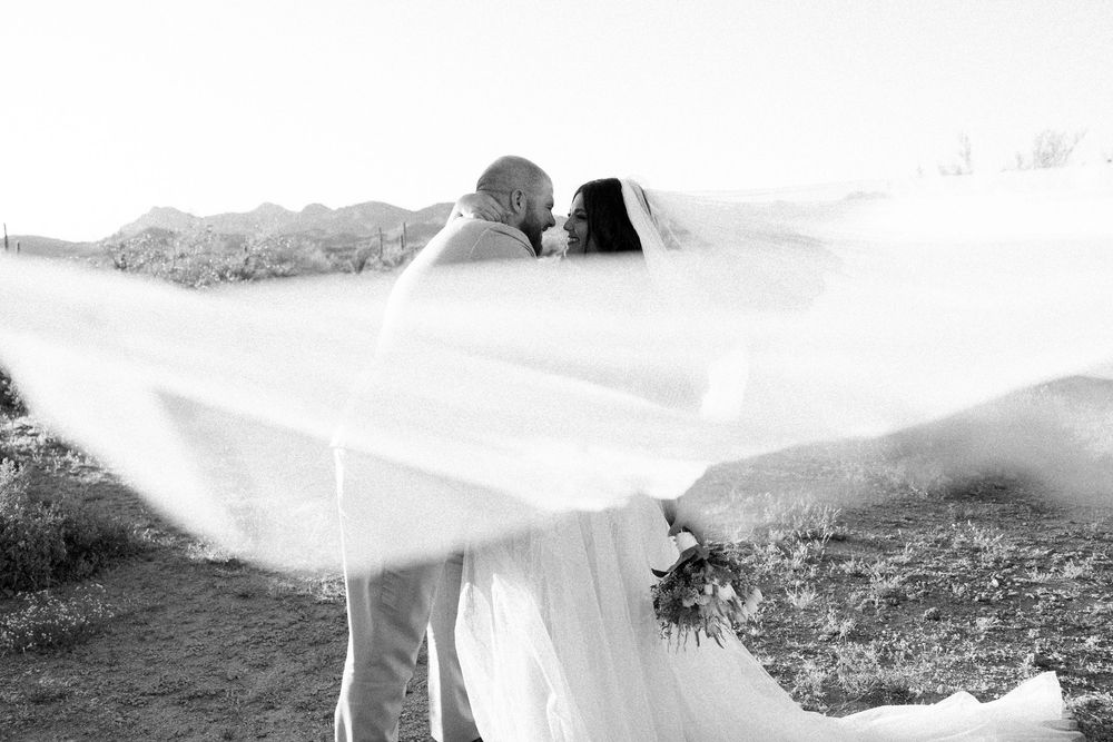 Black and white wedding photo of bride and groom kissing with veil flowing dramatically in the wind outdoors.