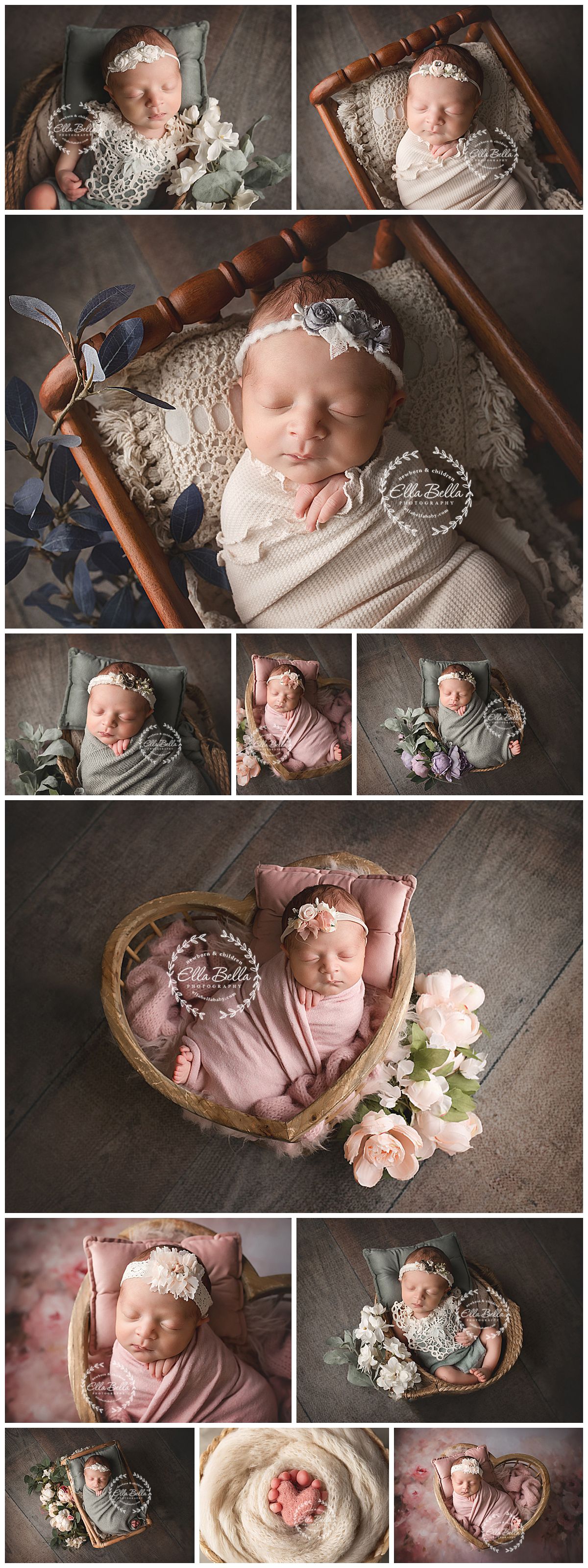 Newborn baby girl posed in various wraps and floral headbands in a professional studio photography session.
