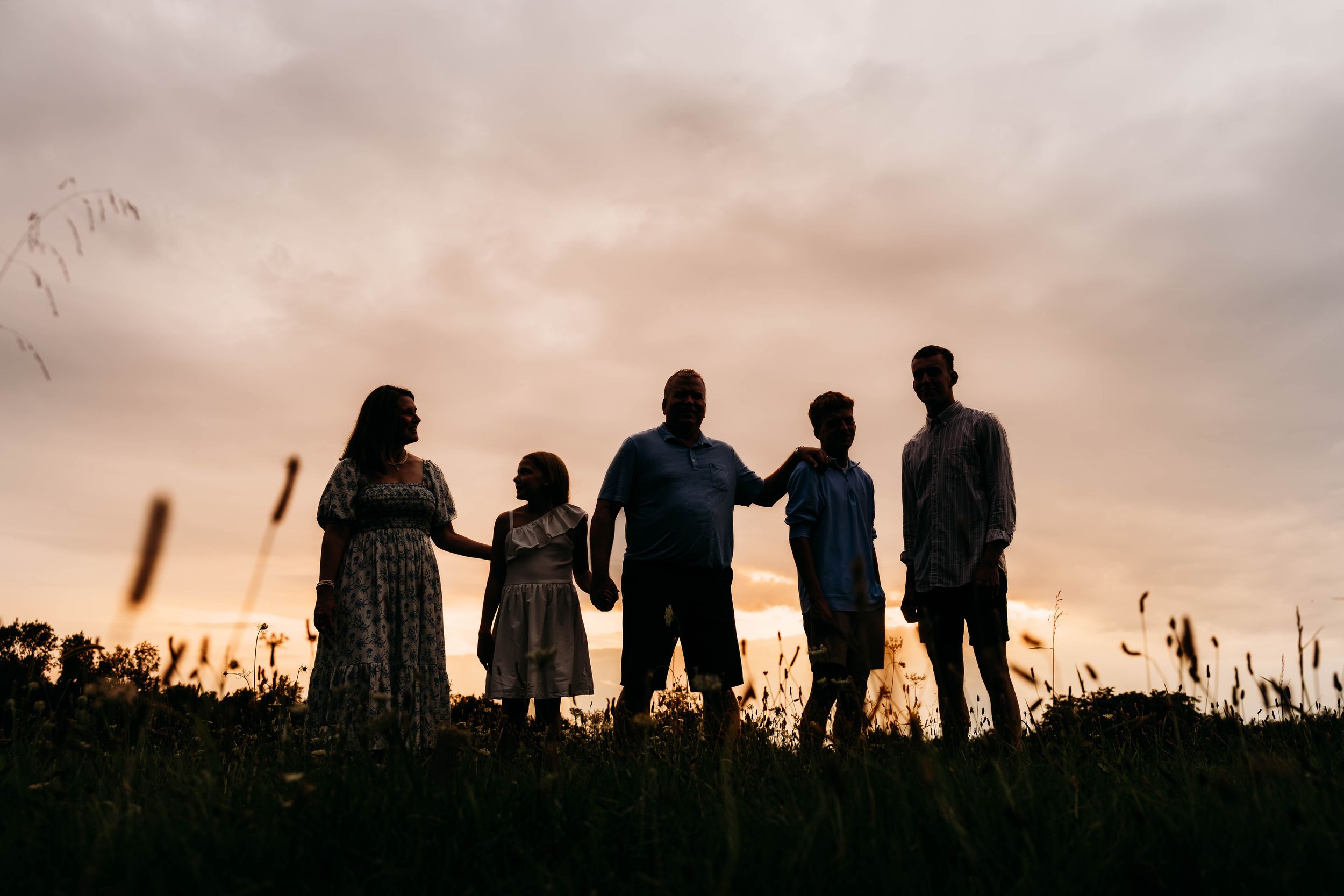 Silhouette of a family of five holding hands in a field at sunset with a dramatic cloudy sky backdrop.