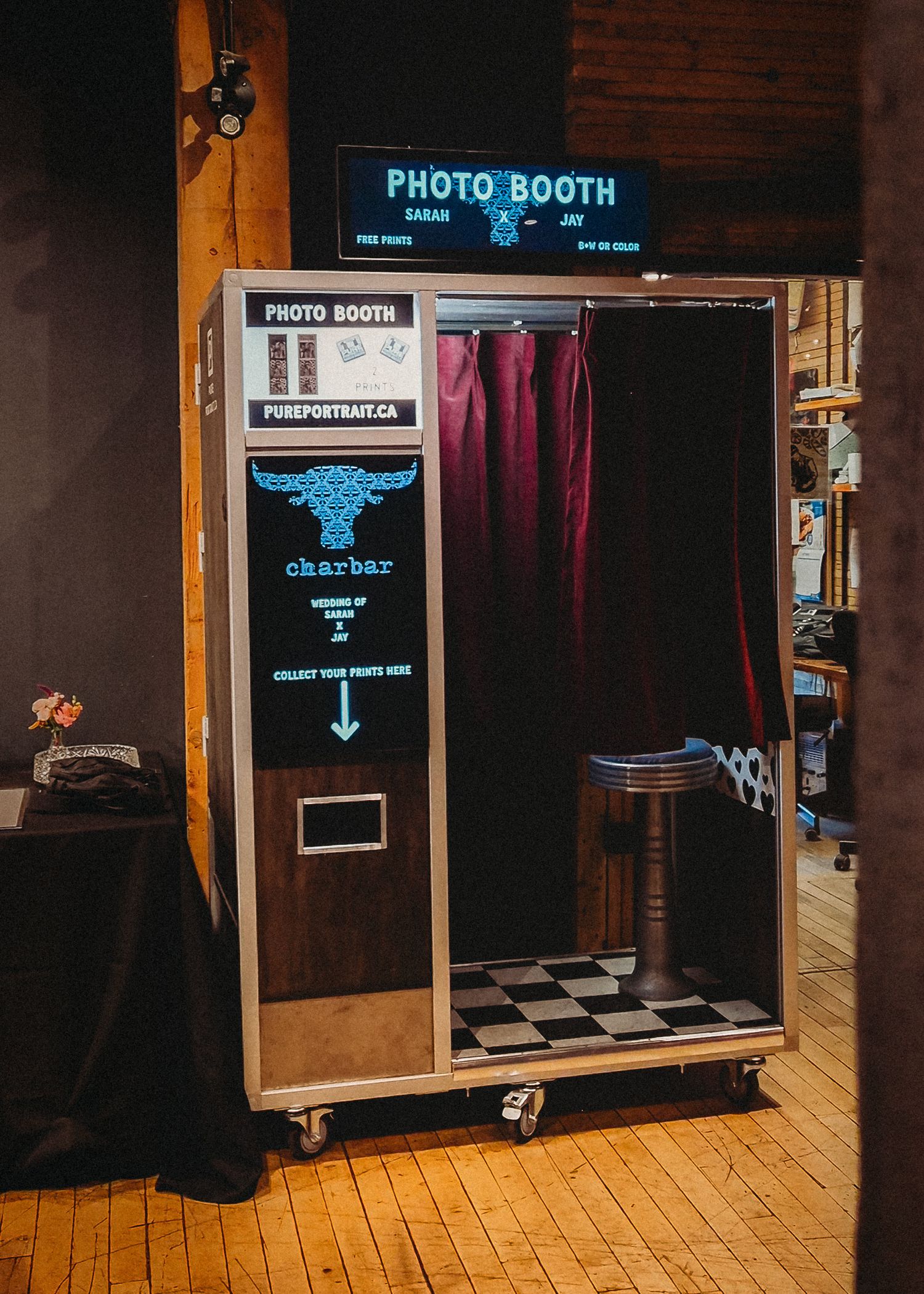 Late Night Analog enclosed photo booth with branded screen, Calgary