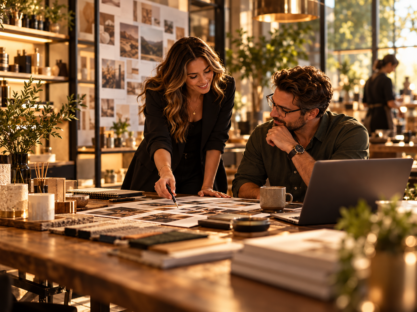 Two designers collaborate at a wooden table covered with design samples and layouts in a bright, plant-filled creative studio.