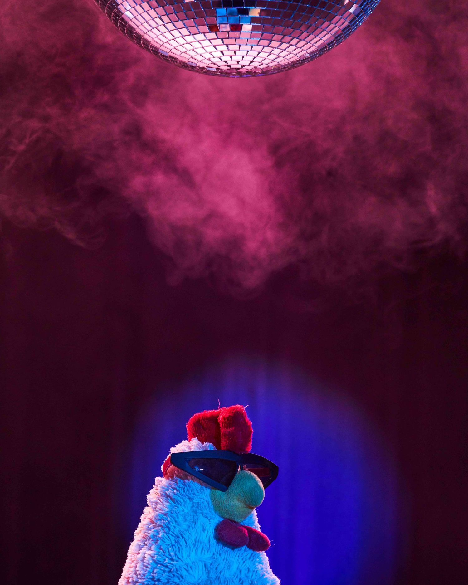 Papa chicken under the mirror ball, surrounded by fog