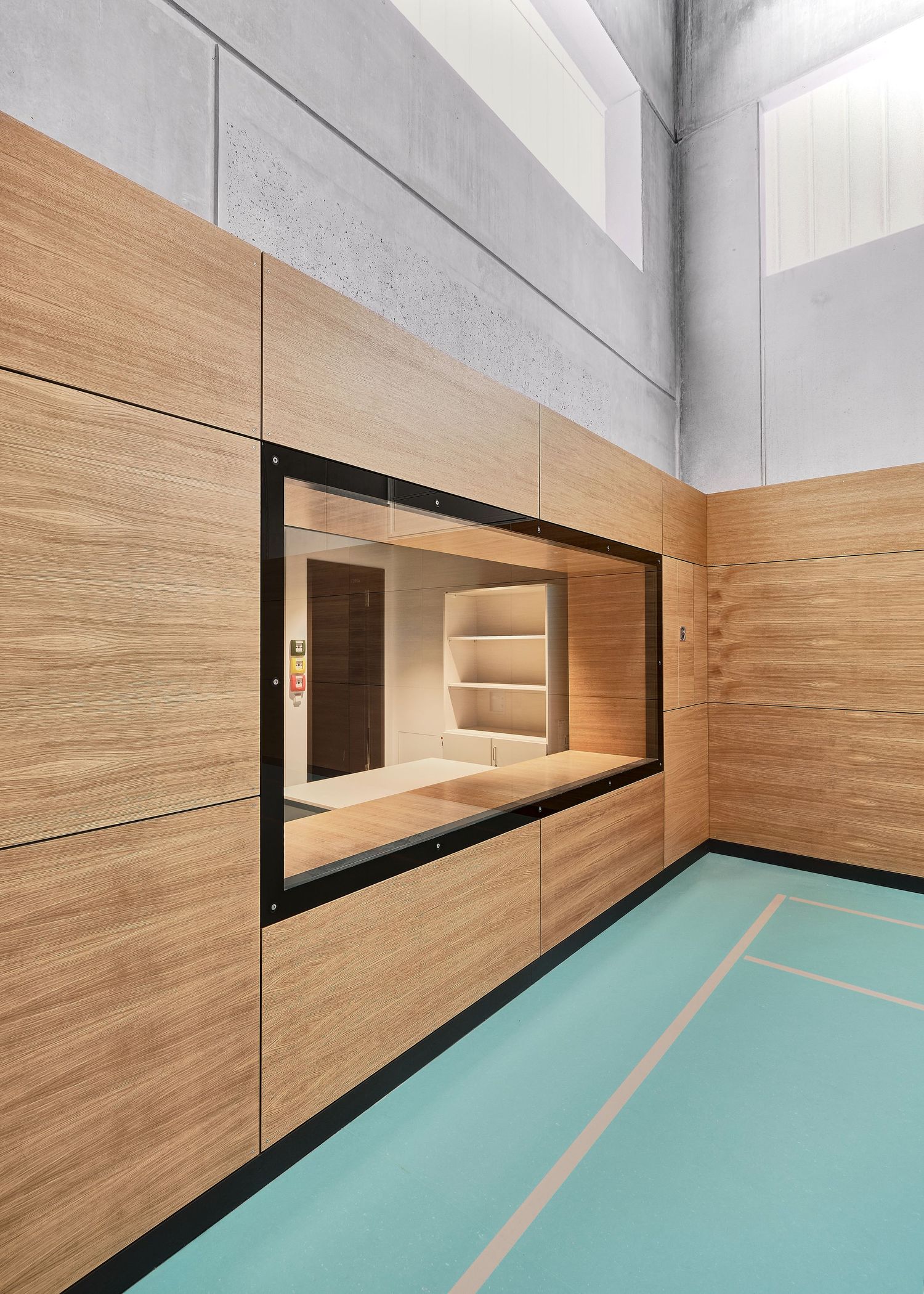 Modern gymnasium interior with warm wood wall panels, a black-framed viewing window, and a teal sports floor with tan court lines.