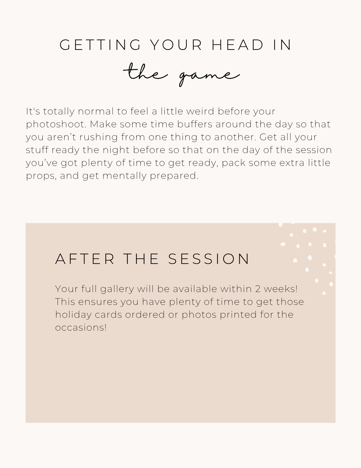 Photoshoot preparation guide with tips on getting ready and a note about gallery delivery within 2 weeks.