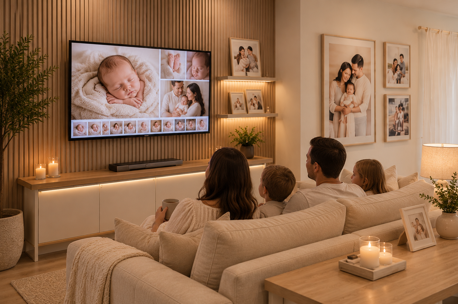 Family of four sits on a cream sofa in a cozy living room watching a TV showing baby photos, with framed family portraits on the walls.