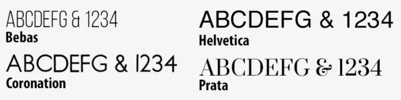 A series of text samples showing different typefaces and font styles arranged horizontally in a row.