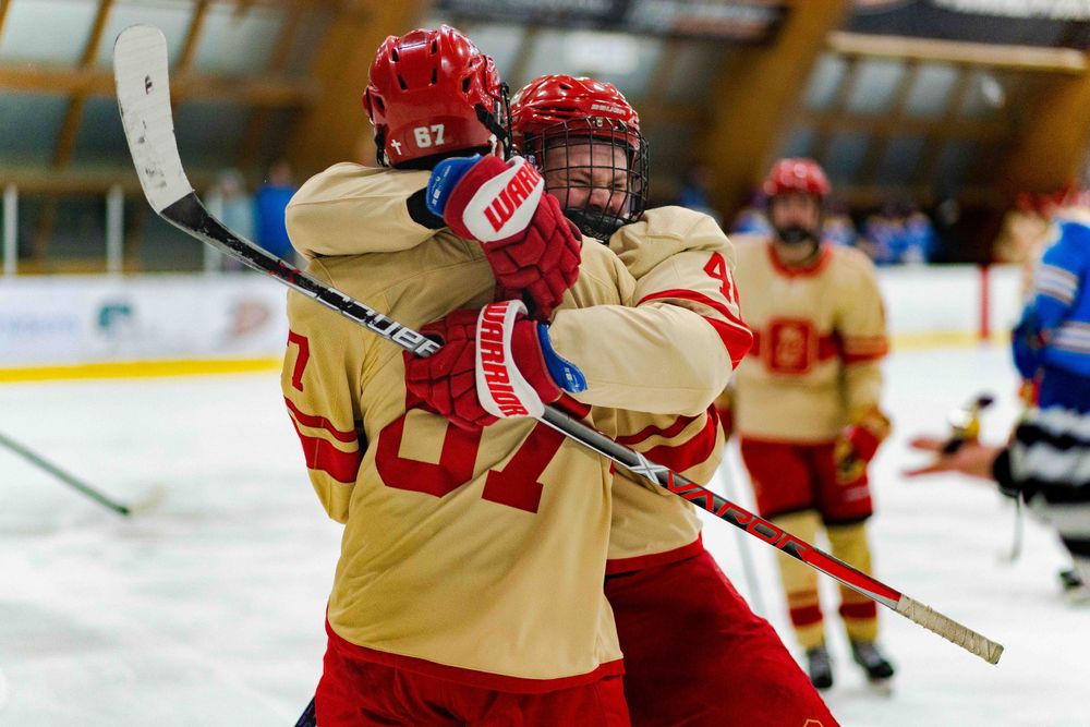 OLu ice hockey players celebrate on the ice after a goal during a game, captured by Chris Cornish Photography.