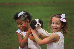 Two smiling girls splattered with bright paint hold a black and white cavalier King Charles spaniel puppy outdoors on green grass.