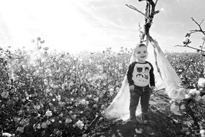 Black and white photo of a smiling toddler boy standing in a cotton field next to a draped fabric teepee.