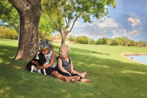 Two small children and a spaniel dog resting on a grassy lawn in the shade of a large tree beside a pond.