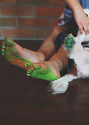 Child's feet covered in neon green and red paint beside a smiling dog with a painted paw on a wooden floor.
